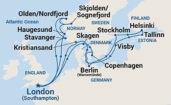 21-Day Norwegian Fjords, Denmark & Sweden Itinerary Map